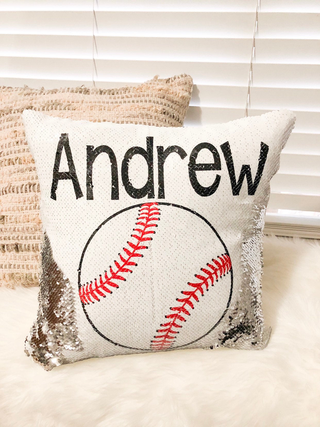 Personalized Baseball Sequin Pillow Cover, Custom Boy Sequin Pillow Cover , Construction Reversible Sequin Pillow, Birthday Pillow Cover