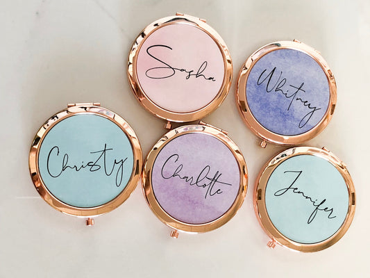 Personalized Bridesmaid Gift- Compact Mirror - Rose Gold Mirror - Bridesmaid Proposal Gift - Custom Bridal Party - Watercolor Floral