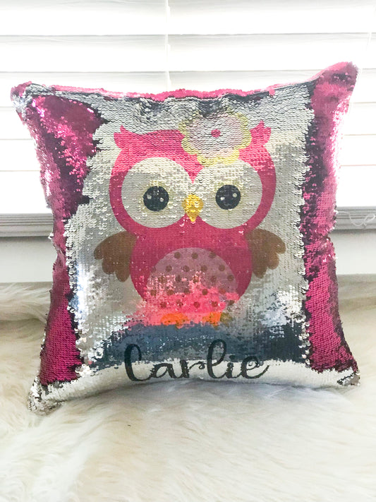 Personalized Owl Pillow Cover, Owl Reversible Mermaid Sequin Pillow, Birthday Pillow Cover