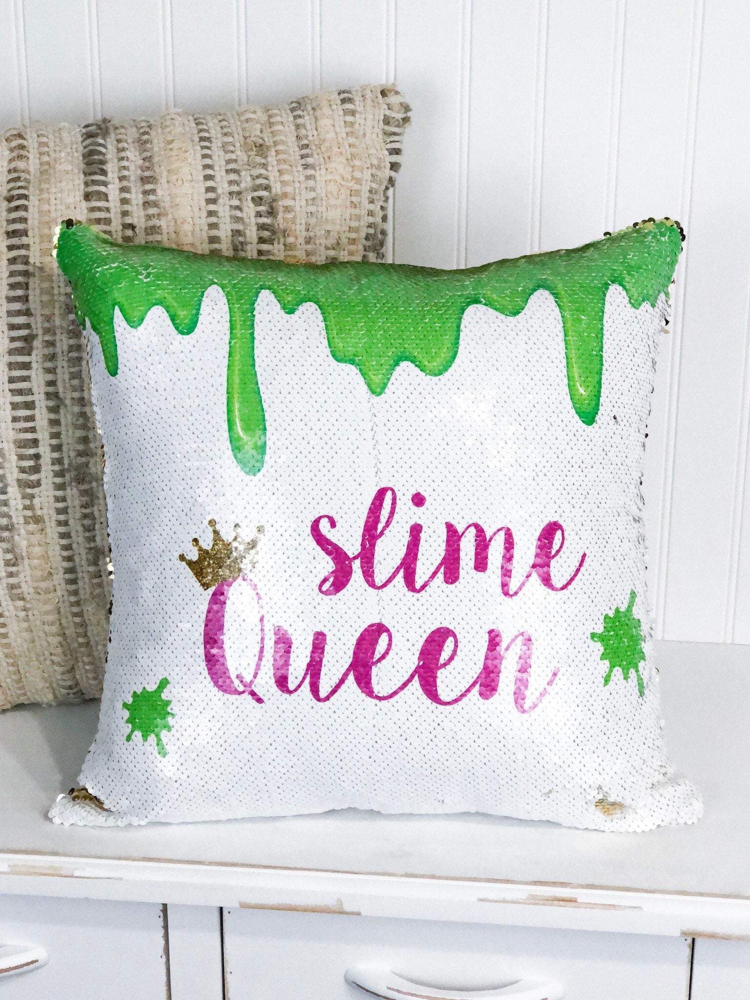 Slime Party, Sequin Pillow Personalized, Slime Queen Birthday