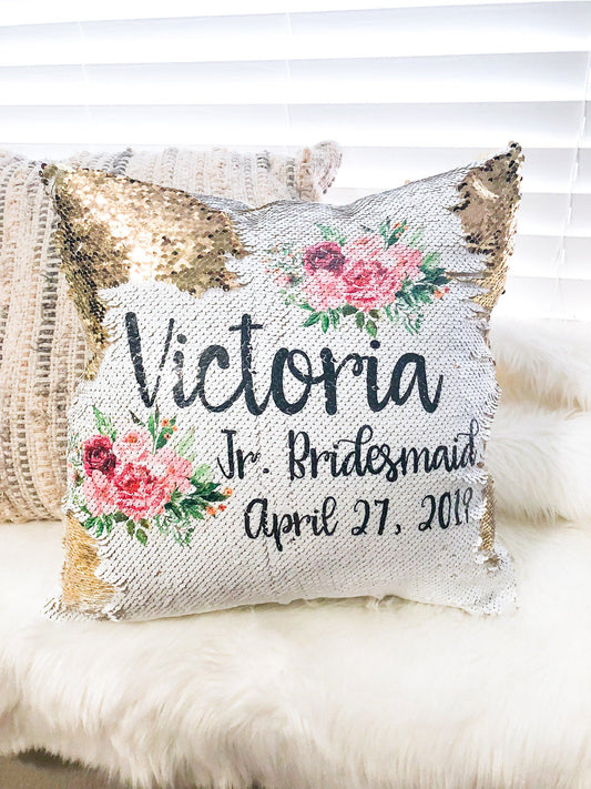 Personalized Jr. Bridesmaid Gift Floral Wreath- Junior Bridesmaid or Flower Girl Proposal - Custom Sequin Flower Girl Pillow Cover