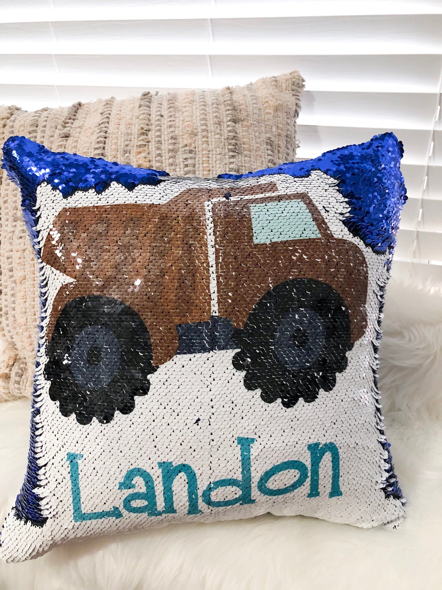 Personalized Train Sequin Pillow Cover, Custom Boy Sequin Pillow Cover , Construction Reversible Sequin Pillow, Birthday Pillow Cover