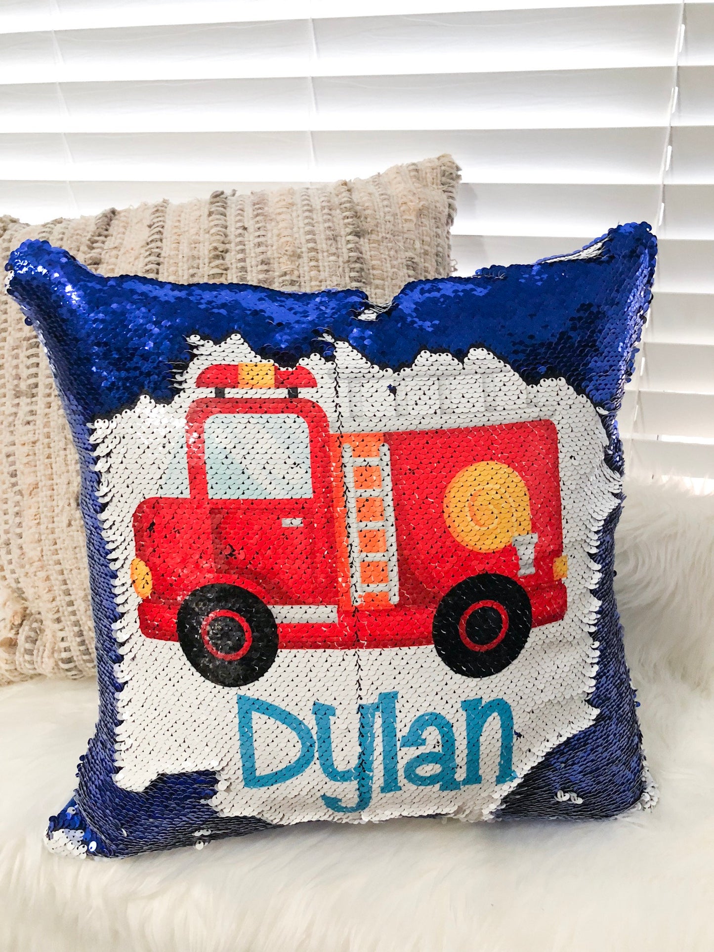 Custom Construction Truck Sequin Pillow Cover, Custom Boy Sequin Pillow Cover , Construction Reversible Sequin Pillow, Birthday Pillow Cover