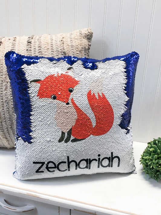 Personalized Fox Sequin Pillow Cover, Custom Boy Sequin Pillow Cover , Construction Reversible Sequin Pillow, Birthday Pillow Cover