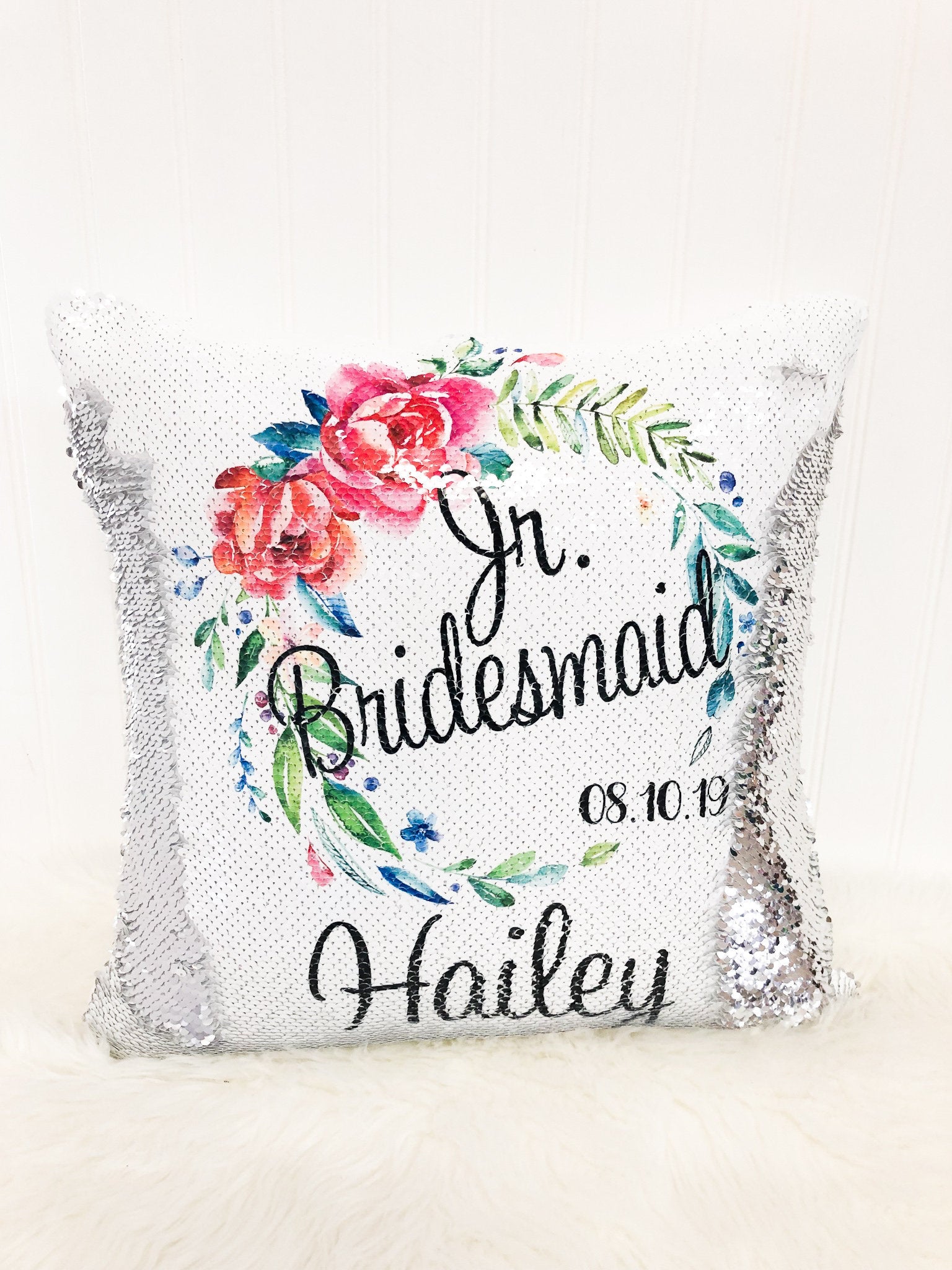 Personalized Jr. Bridesmaid Gift Floral Wreath- Junior Bridesmaid or Flower Girl Proposal - Custom Sequin Flower Girl Pillow Cover