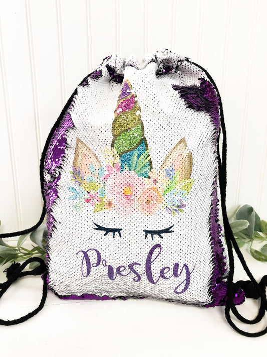 Personalized Unicorn Drawstring Backpack - Watercolor Unicorn - Unicorn Gift - Personalized Backpack