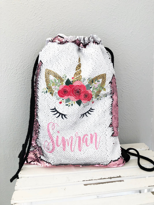 Sequin Backpack - Personalized Unicorn Back Pack - Mermaid Sequin Drawstring Bag