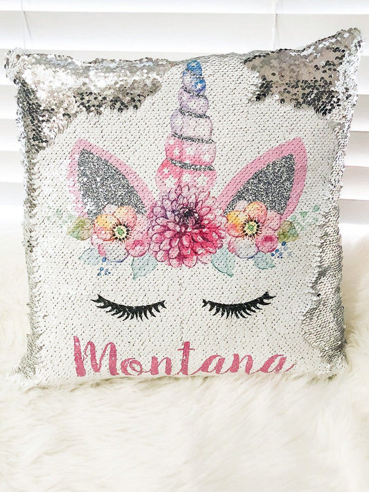 Personalized Glitter Unicorn Pillow -Christmas Gift for Her - Unicorn Mermaid Reversible Sequin Pillow - WITH PILLOW INSERT