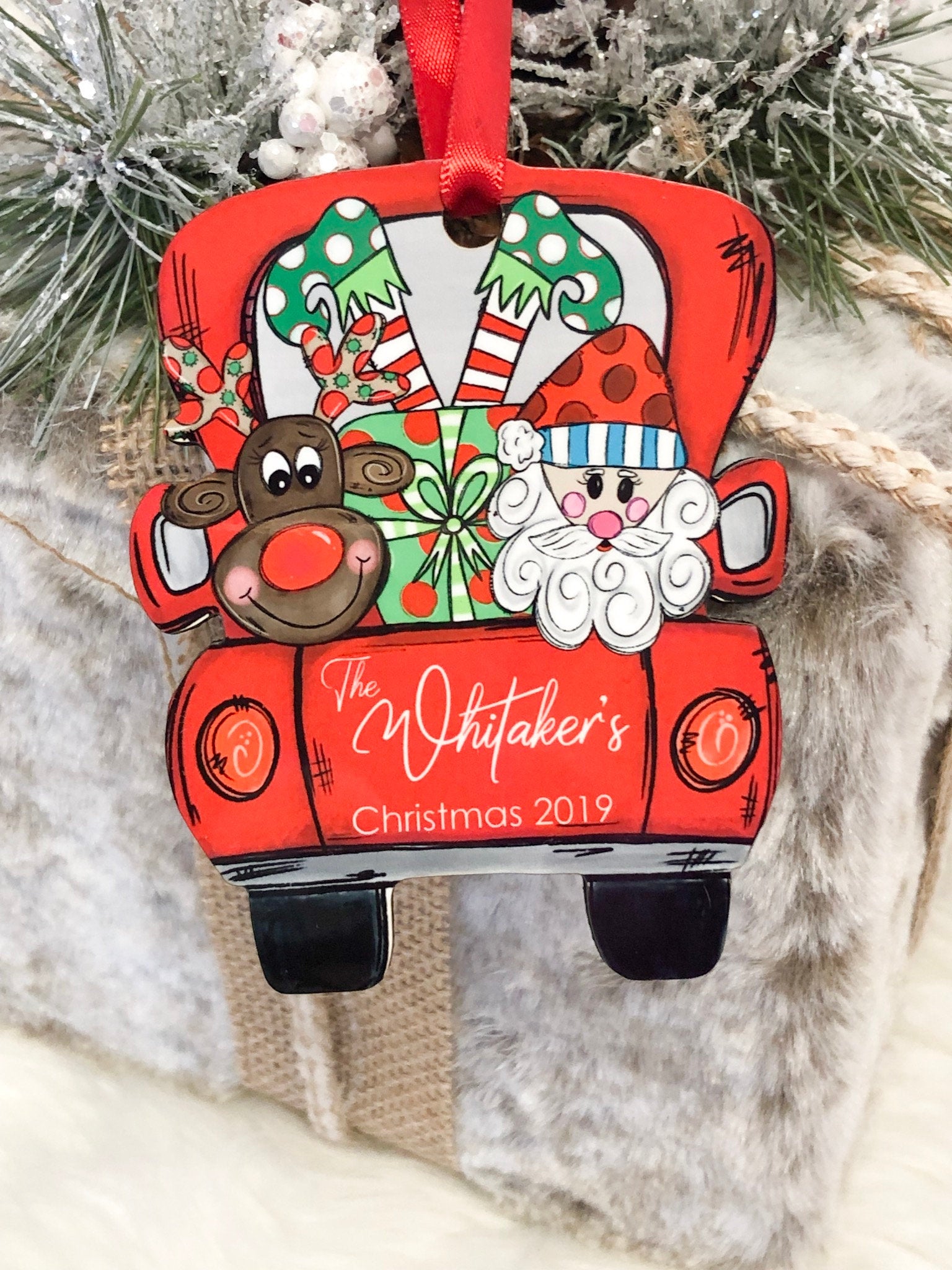 Personalized Family Ornament, Christmas Ornament, Red Truck Ornament